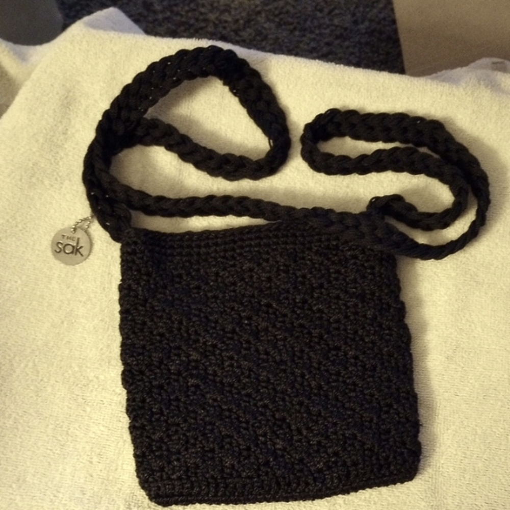The Sak Black Knit Crossbody Bag 20" Long Braided Strap